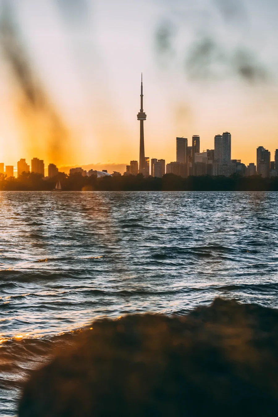 Toronto skyline and the CN Tower above the waterfront at sunset